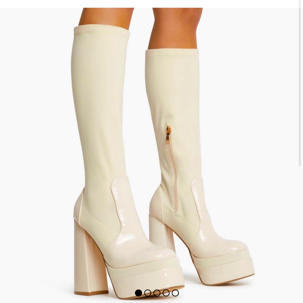 EGO SHOES DEDE PLATFORM BLOCK HEEL KNEE HIGH LONG SOCK BOOT IN CREAM NUDE PATENT
